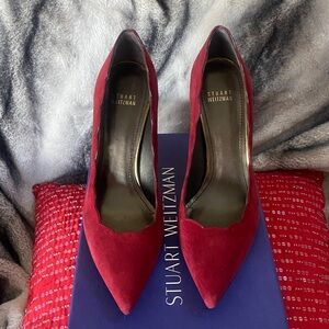 Stuart Weitzman Suede Rich Red Patent Leather Detail Pumps New New With Tags